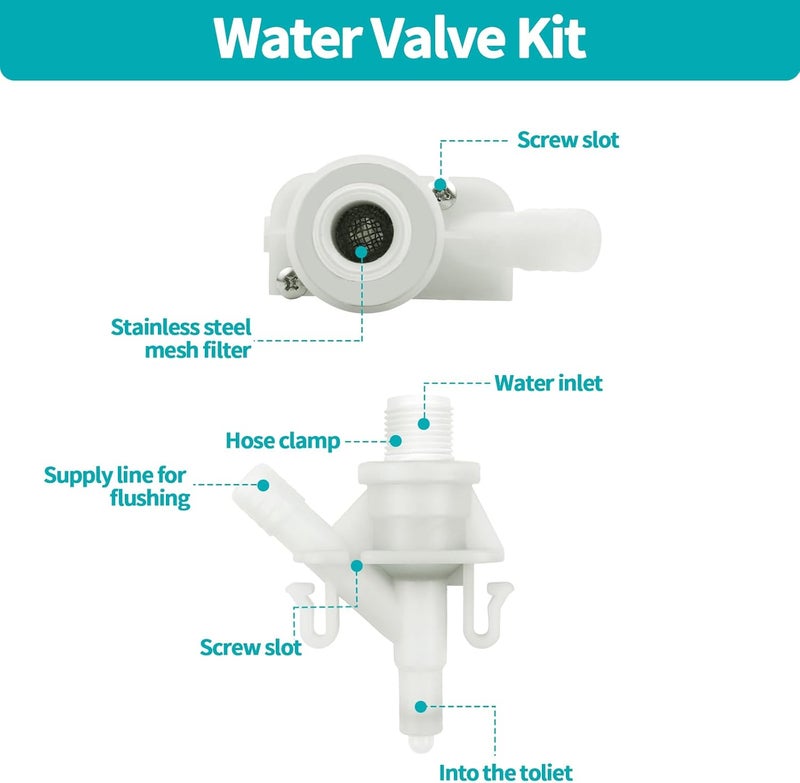 Aecsze 2 Pack 385311641 RV Toilet Water Valve Replacement Kit, Durable Plastic Water Valve Kit, for 300 310 320 Series for Dometic and Sealand Marine Toilet, Includes Hose Clamp and Fasteners - Image 4